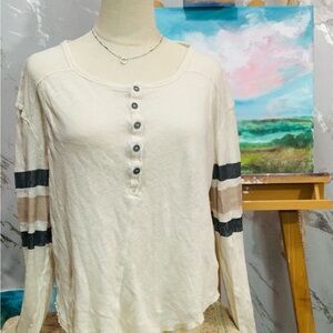 We The Free Cream Henley Top with Black and Tan Sleeve Stripes